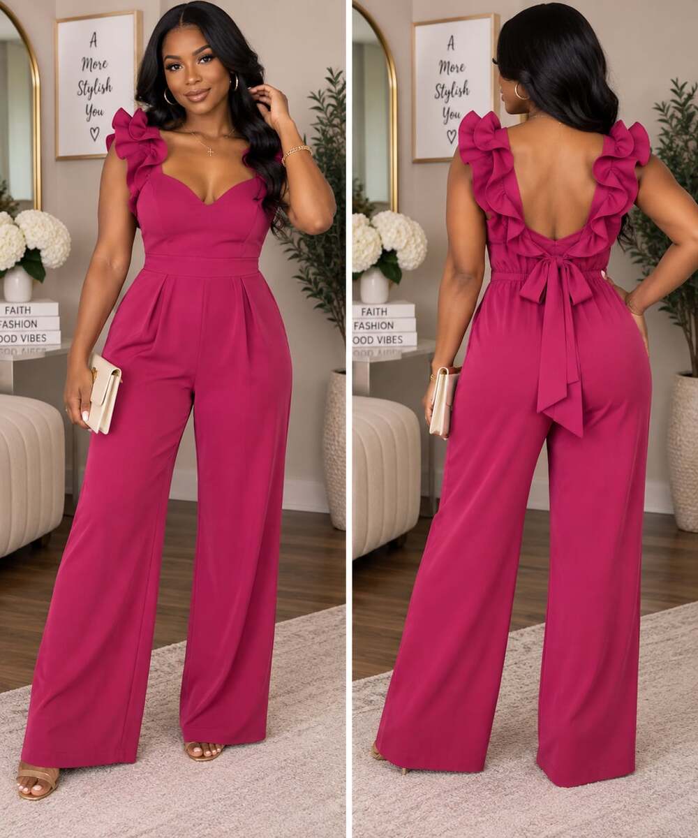 Sugar + Lips Fuchsia Ruffle Wide Leg Jumpsuit Open Back Size Medium